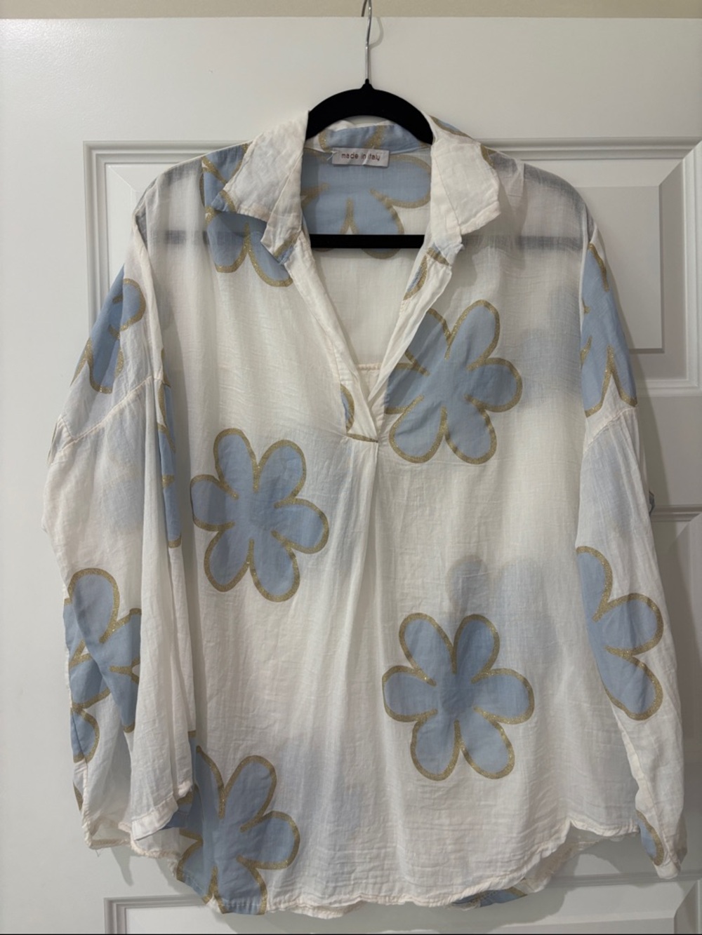 Made By Mary White Linen V-Neck Top with Blue Floral Print
